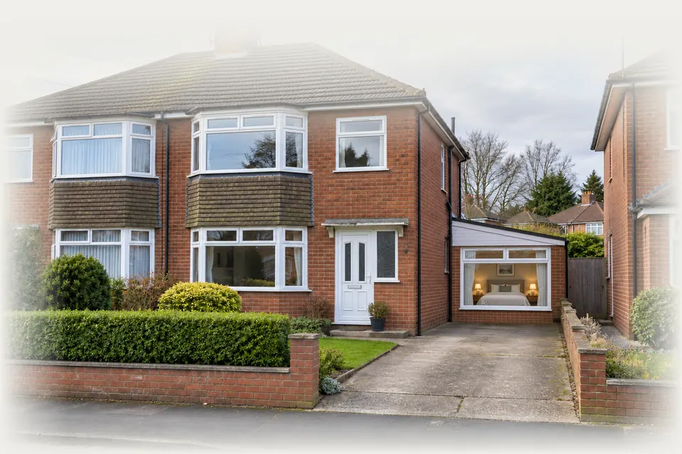 The same semi after the attached garage was converted into a bedroom behind a new window (design visualisation)