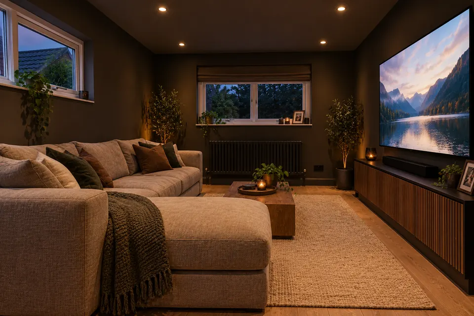 The same garage as a cinema room: dark walls, a large wall-mounted screen and a deep sofa (design visualisation)