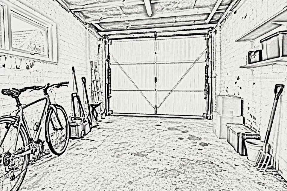 Inside a single garage before conversion, with exposed roof timbers, bikes and boxes (design visualisation)