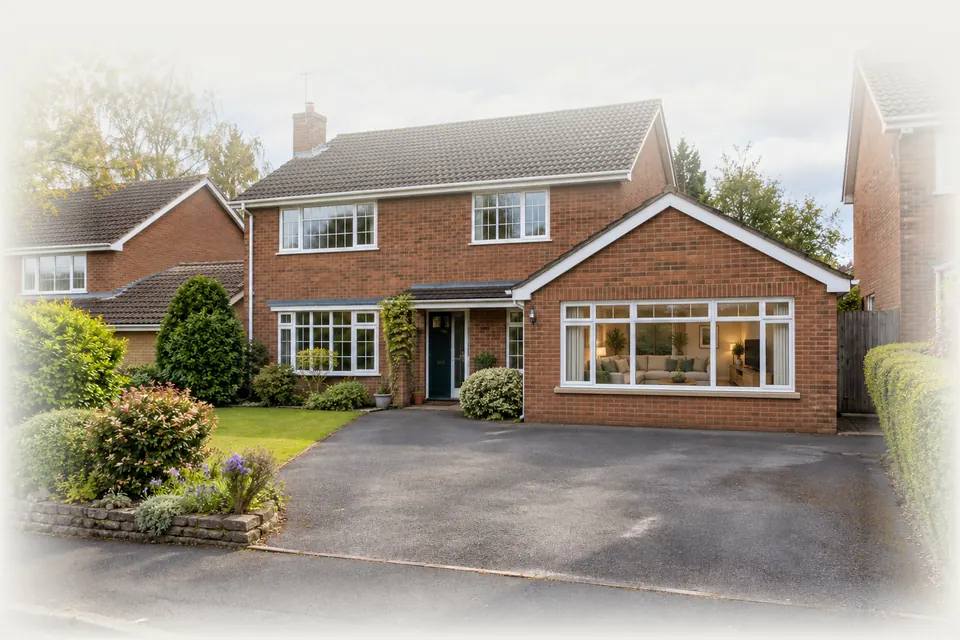 The converted house in colour: red-brick 1980s detached home with the double garage now a family room behind a wide window (design visualisation)