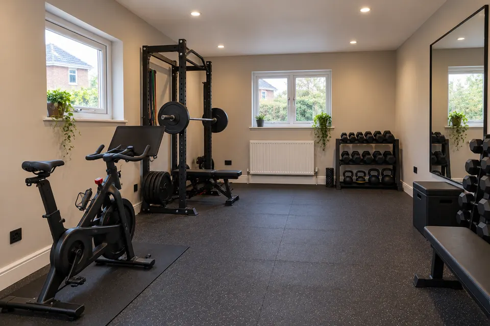Inside a converted garage: a home gym with a rubber floor, exercise bike, squat rack, dumbbells, a mirror and a new window onto the street (design visualisation)