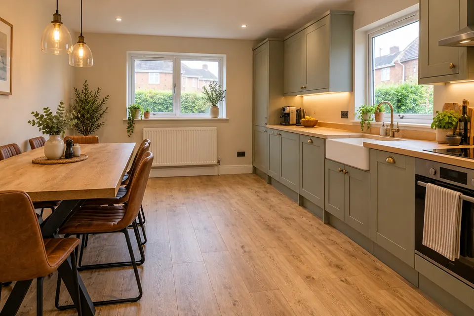Garage converted into a kitchen-diner with green units and a dining table (design visualisation)