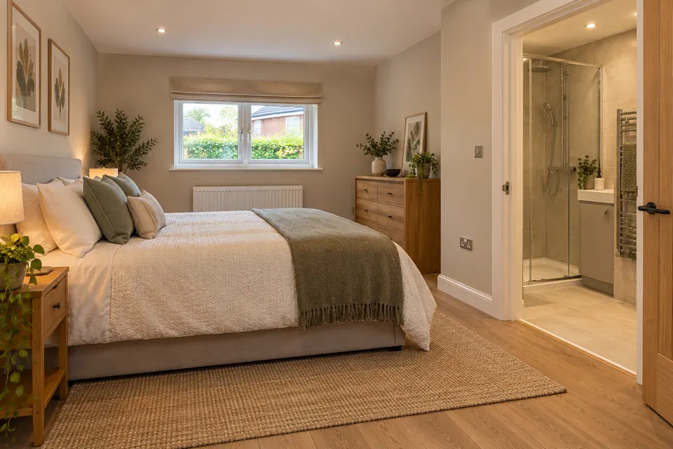 Garage converted into a bedroom with an ensuite shower room through an open door (design visualisation)