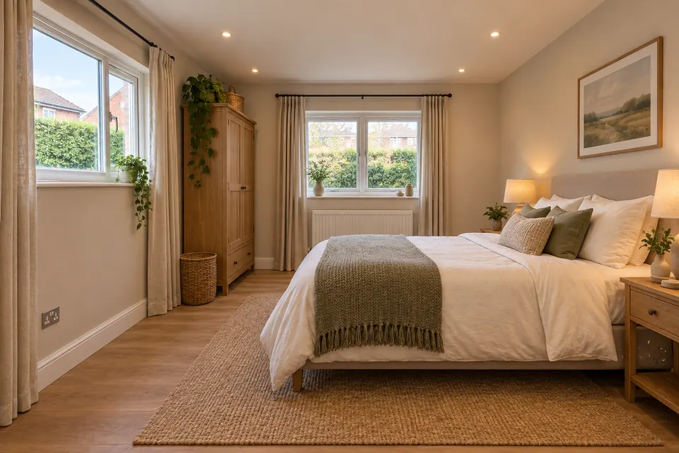 The same garage converted into a bedroom: double bed, wardrobe, bedside lamps and a window where the door was (design visualisation)