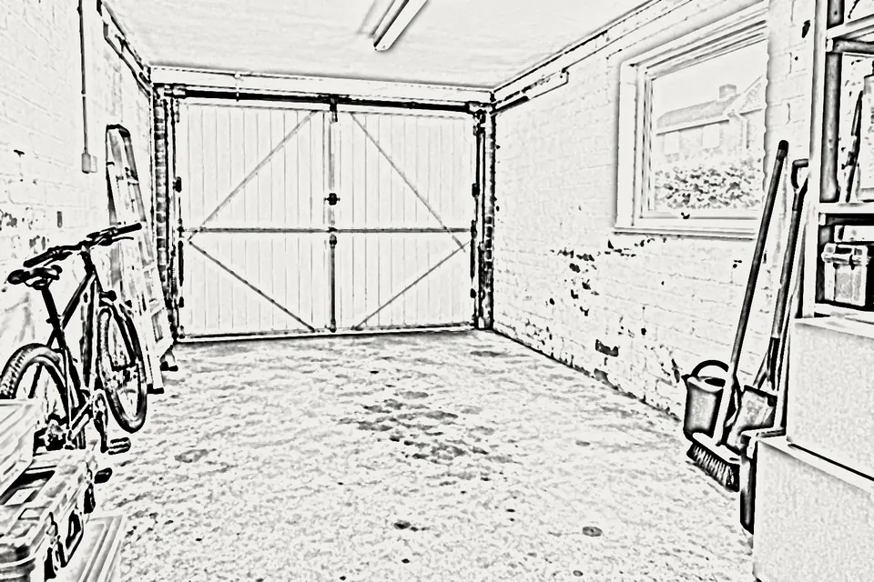 Inside a single garage before conversion, with a side window, bikes and storage boxes (design visualisation)