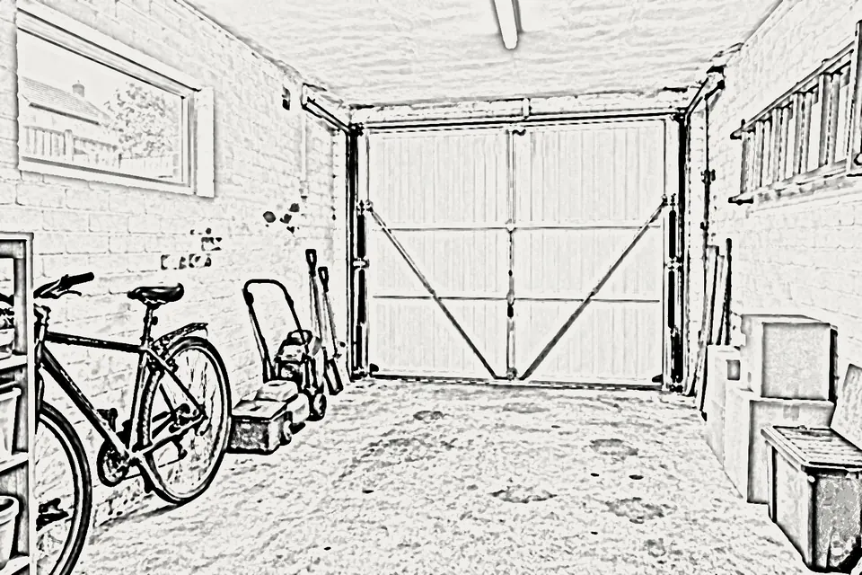 Inside a single garage before conversion, with a ladder, bikes, boxes and a lawn mower (design visualisation)