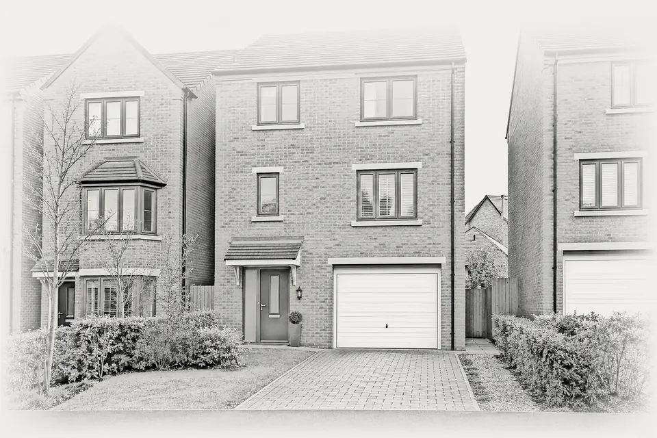 Three-storey 2010s red-brick townhouse with an integral garage and a white sectional door (design visualisation)